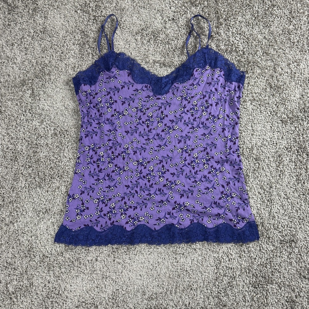 Womens Y2K Lace Trim Cami Size L Purple Floral Tank Top Coquette Fairy Grunge